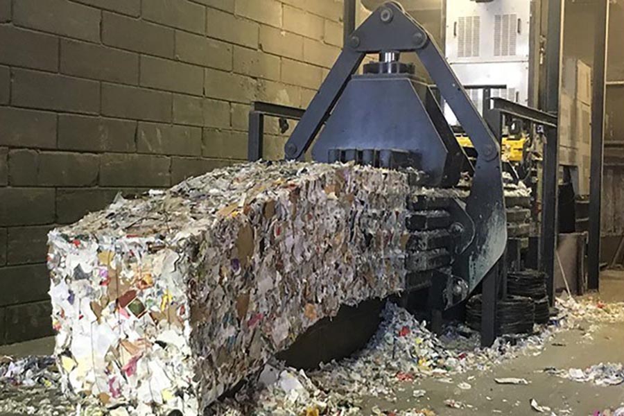 A bale of mixed paper at Georgia-Pacific’s paperboard mill in Toledo, Oregon