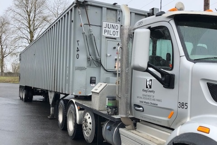 A Juno Pilot truck outside on a cloudy day.